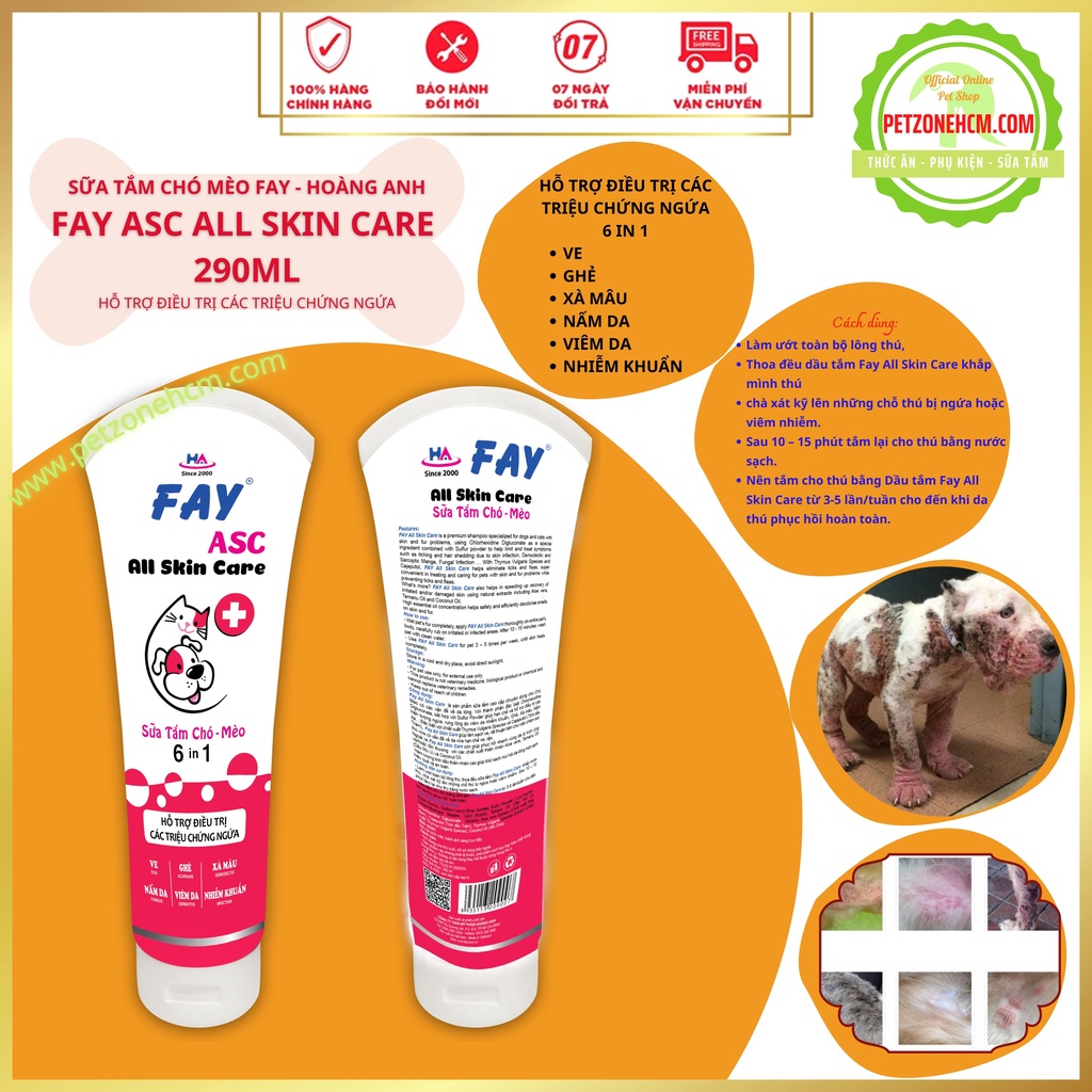 Sữa tắm Fay All skin care 290ml-6 in 1FREESHIPcác bệnh ngoài da ve,ghẻ, nấm, ngứa, xà mâu, viêm da, rụng lông chó mèo