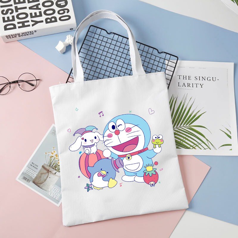 Túi tote vải trắng đeo vai DORAEMON CUTE MÈO MÁY THÔNG MINH phong cách in hình anime chibi dễ thương thời trang