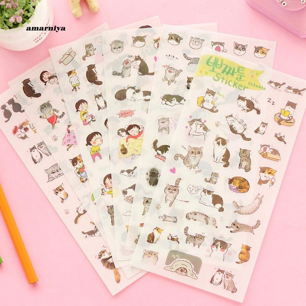 Set 6 tấm nhãn dán hoạt hình mèo đáng yêu trang trí album nhật ký đa năng