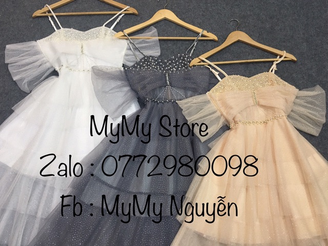 Đầm xoè xếp tầng trễ vai chất lưới nhũ láp lánh kết cườm ngực dày sang trọng TRIPBLE T DRESS -Size M/L - MS193V