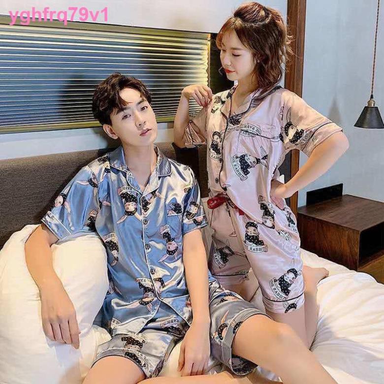 đồ lótQuần lótthời trangCouple pyjama nữ mùa hè băng lụa ngắn tay mỏng phiên bản Hàn Quốc của lưới màu đỏ nam gi ❕