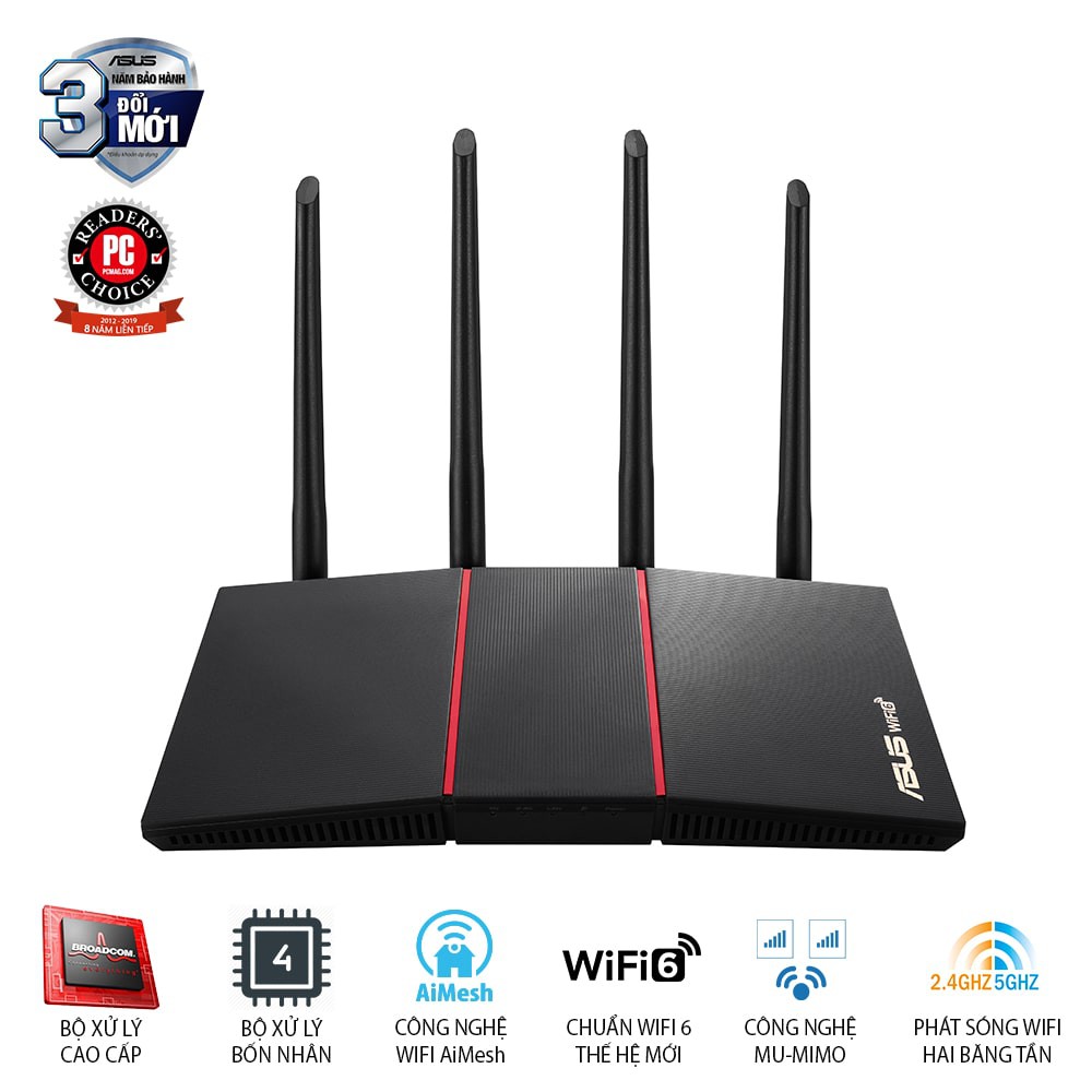 Router ASUS RT-AX55 Gaming, Wifi AX1800 2 băng tần, Wifi 6 (802.11ax), AiMesh WIFI Mesh, MU-MIMO,