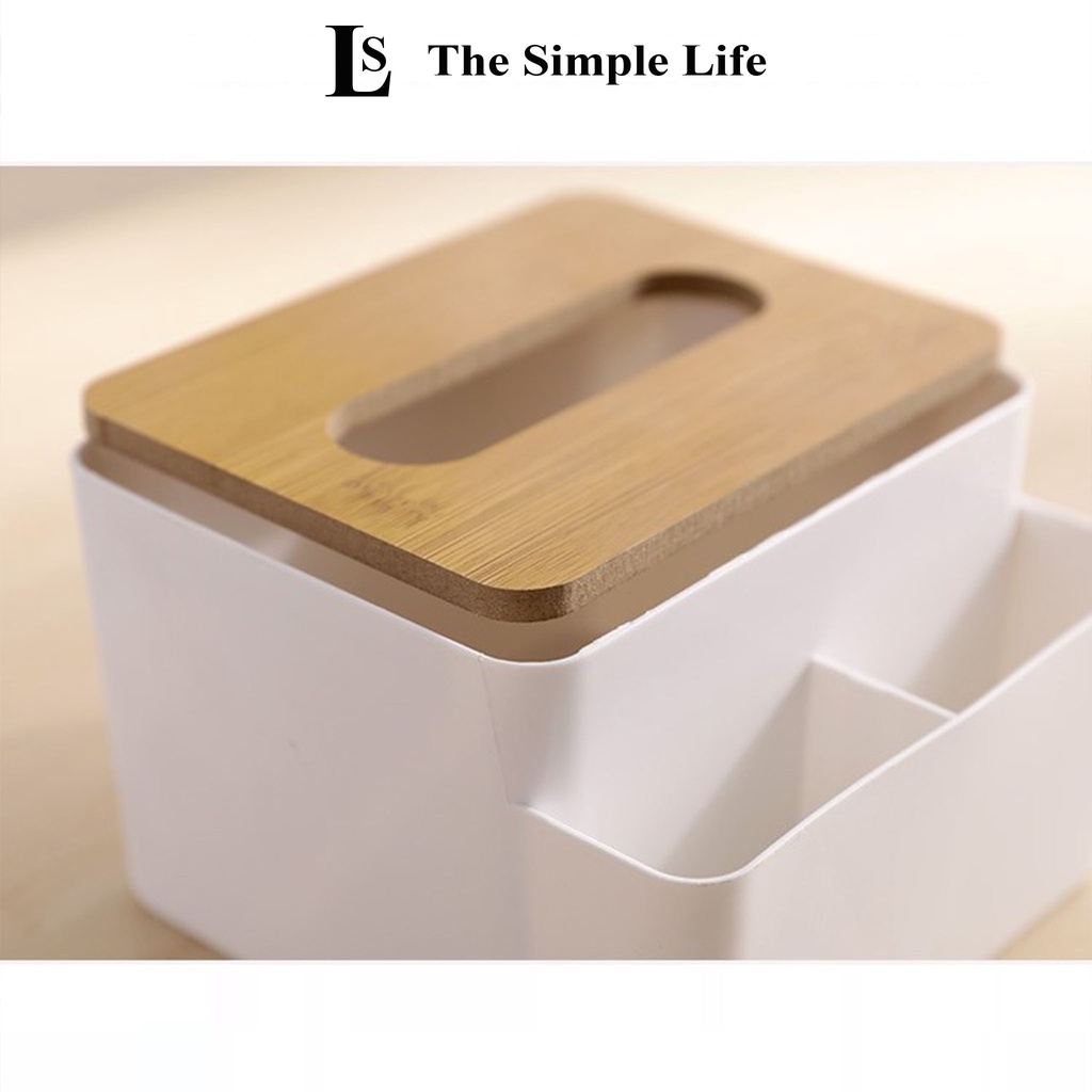 Hộp đựng giấy ăn nắp gỗ, hộp chứa khăn giấy có 2 ngăn để đồ đặt bàn phòng khách, phòng ngủ, bàn làm việc [CHÍNH HÃNG]