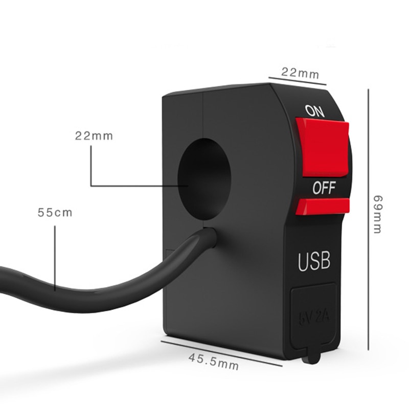 Công Tắc Gắn Tay Lái Xe Máy Chống Nước Kèm Sạc USB 4 Dây 22mm 7/8" 12V