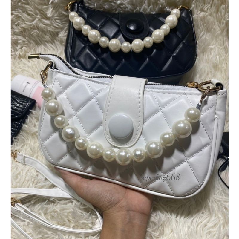 Túi Xách Nữ Kẹp Nách Đeo Chéo Phối Dây Ngọc Cúc Vân Trám 227