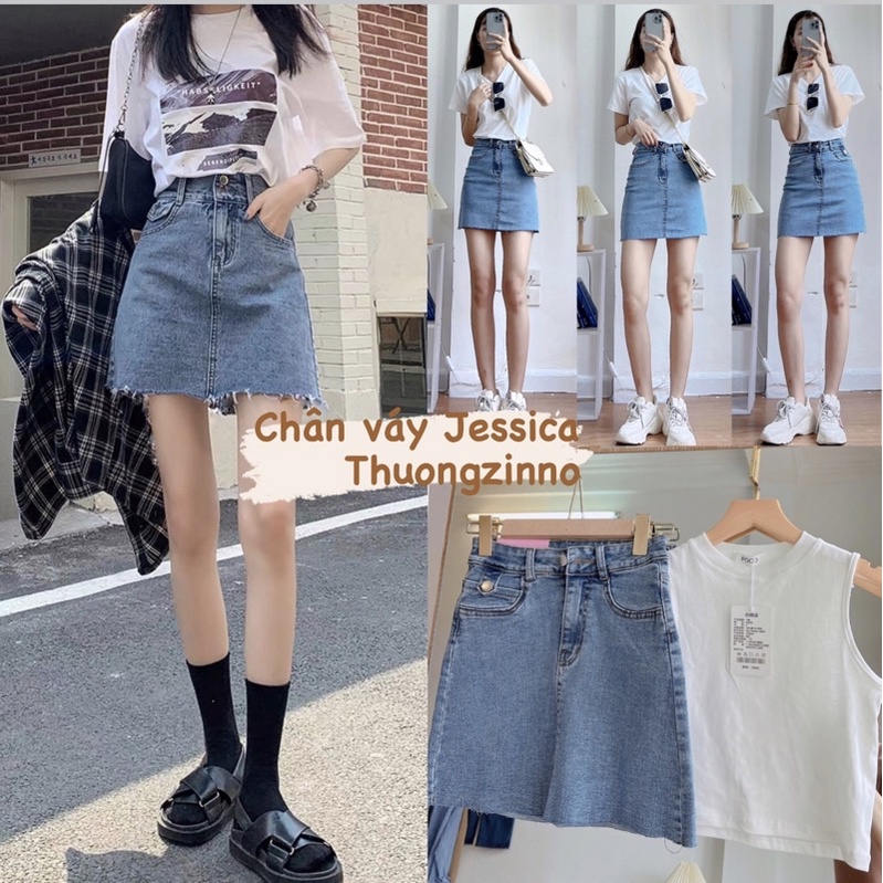 [Ảnh thật/Video]Chân Váy Jean cắt gấu Chữ A Ngắn Chân váy bò Cạp Cao Hàn Quốc