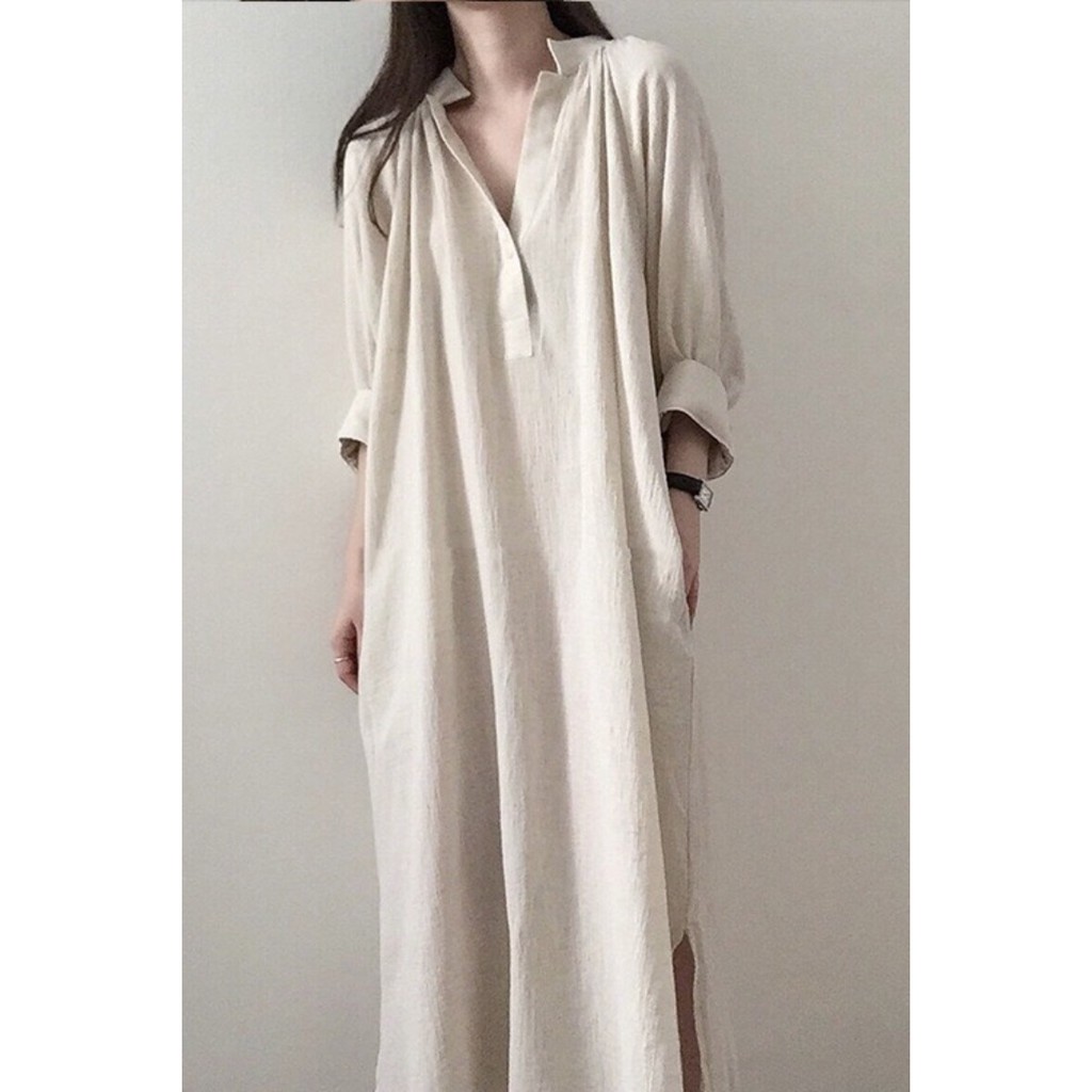 (ORDER) Váy sơ mi cổ V dáng suông dài basic vintage Hàn Quốc đơn giản nhẹ nhàng (MẪU _MỚI_2020)