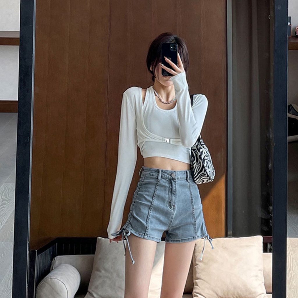 Quần Short Denim Lưng Cao Ống Rộng Thời Trang Dành Cho Nữ