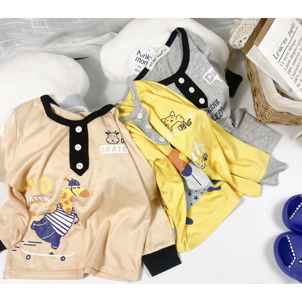 [Bé 7-27kg] Bộ dài tay thun lạnh cổ trụ in hình Minky Mom cho bé trai bé gái từ 7-17kg