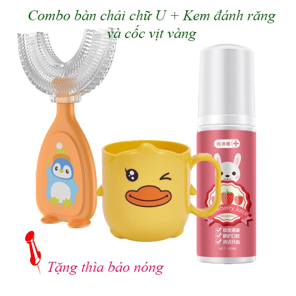 Combo bàn chải đánh răng chữ u cho bé + kèm đánh răng tạo bọt + cốc vịt vàng cho bé