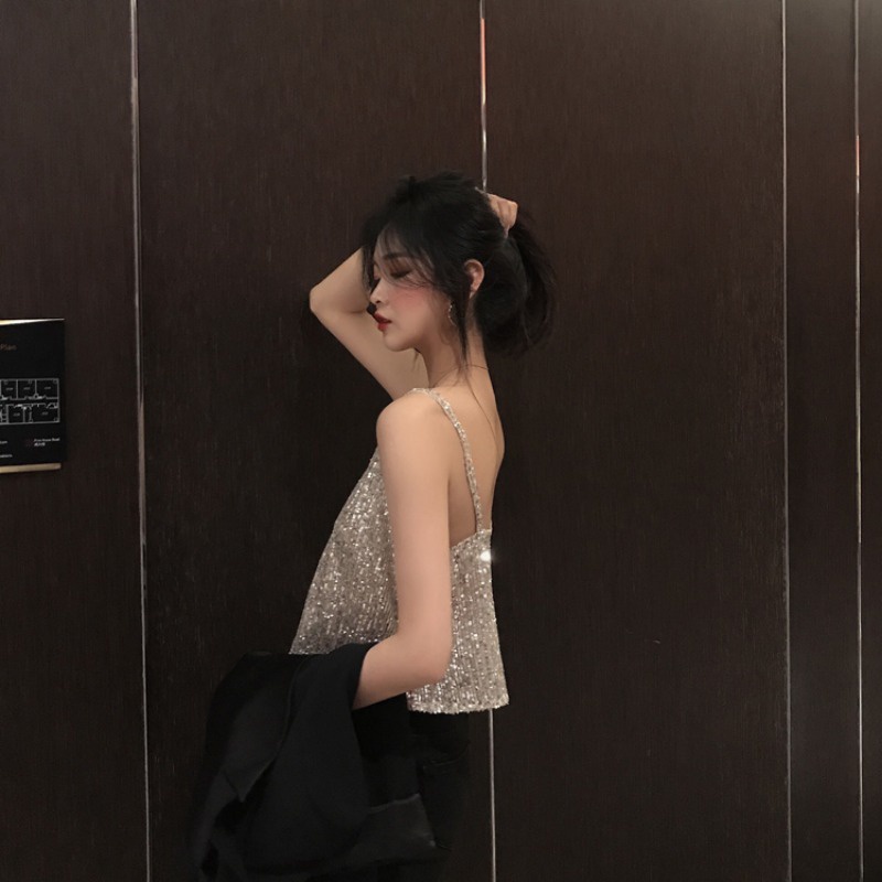 Áo Hai Dây Dáng Ngắn Đính Kim Sa Lấp Lánh Thời Trang Xuân Hè 2020 Phong Cách Hàn Quốc Mới Cho Nữ