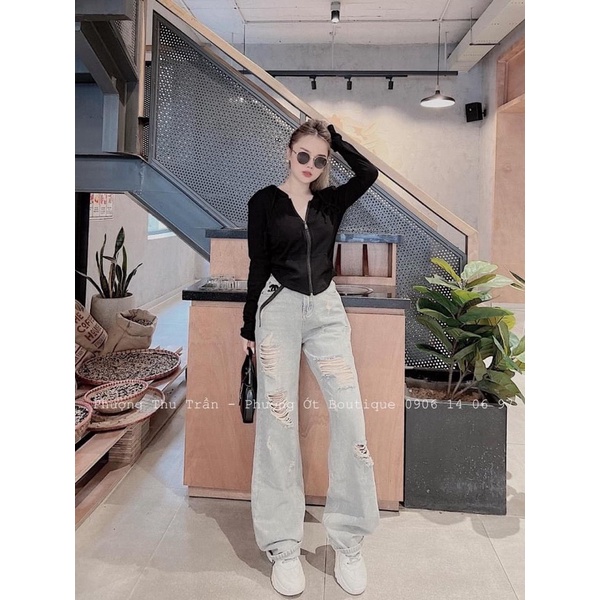 Áo khoác len tăm rút dây túi trước kéo khoá có mũ