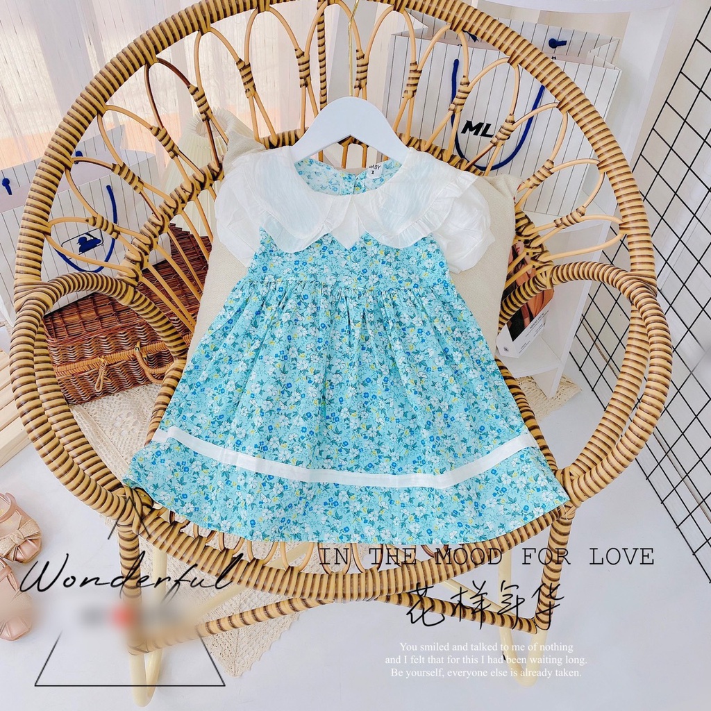 [V24] Váy Xòe Tay Bông Phối Ren Họa Tiết Hoa Cho Bé Gái Chất Vải Đũi Mịn Đủ Size Từ 8-18Kg VNXK Nhật-Hàn