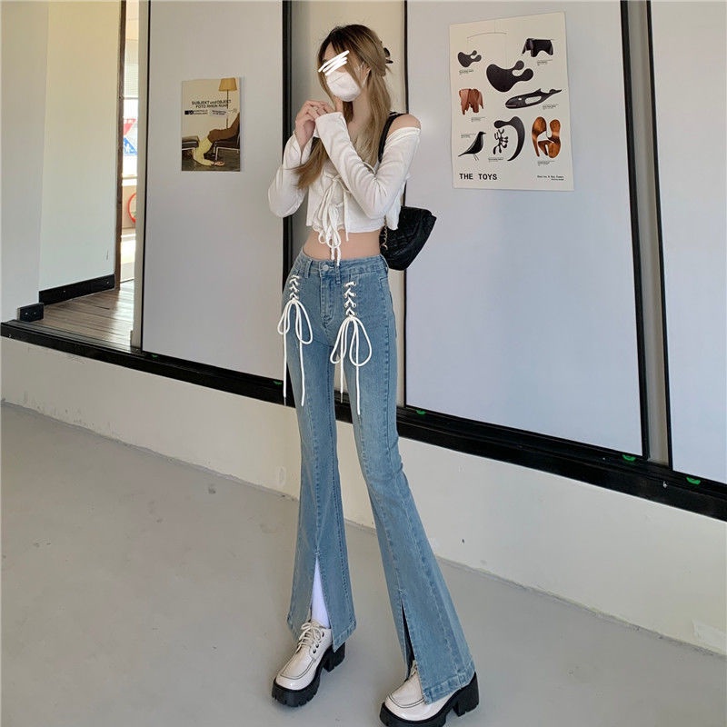 IELGY Quần Jean Ống Loe Lưng Cao Ôm Dáng Xẻ Tà Thời Trang Cho Nữ