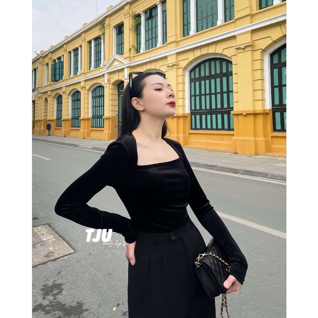 Áo nữ dài tay dáng ôm có đệm vai chất nhung ulzzang, Hàn Quốc, thiết kế T-Ju (áo Ara)