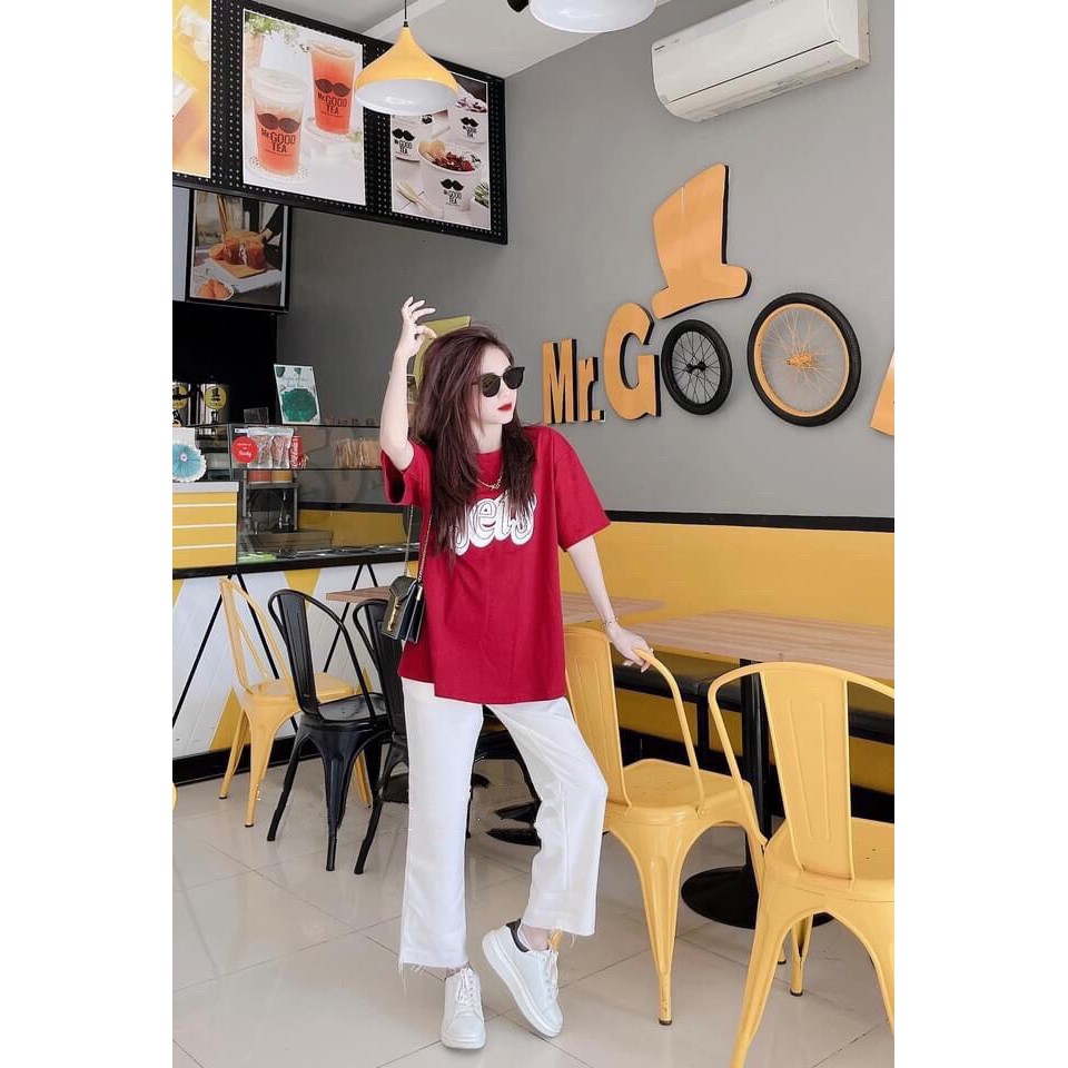 SET ÁO THUN TAY LỠ IN CHỮ JETS ĐỎ MIX QUẦN CULLOTE KAKI SUÔNG MÀU TRẮNG HOT HIT  Bộ Quần Áo Nữ JET