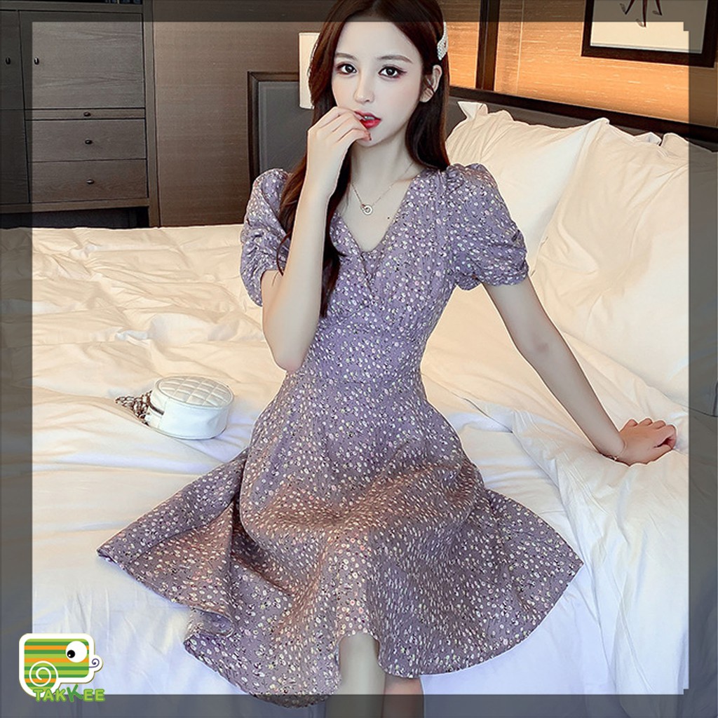 Váy Hoa Nhí, Đầm Mùa Hè Dáng Xòe Họa Tiết Hoa Tím Cực Hot