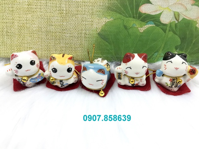 Full Set Bộ 5 Tượng Mèo Sứ Maneki Neko Thần Tài (Mèo Nằm)