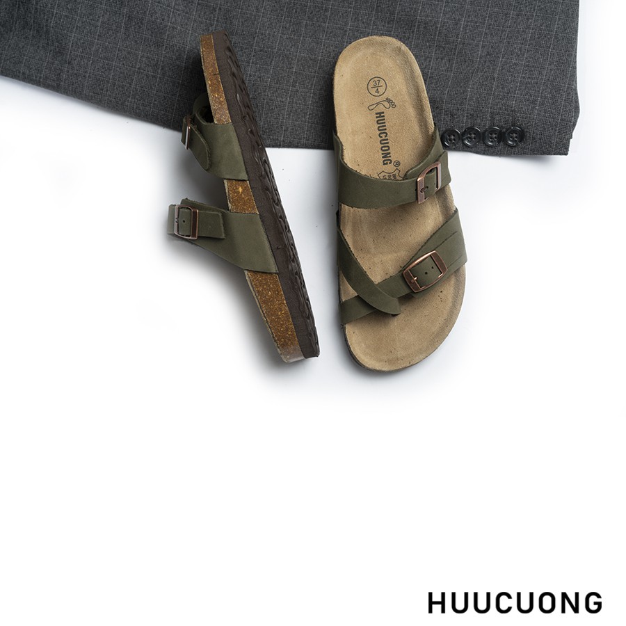 Dép unisex  Huucuong xỏ ngón da bò rêu