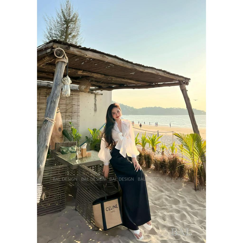 Set Bộ Đồ Nữ Áo Sơ Mi Đũi Croptop Thắt Nơ Dài Tay Mix Quần Umi Dáng Suông Rộng Đi Biển Freesize