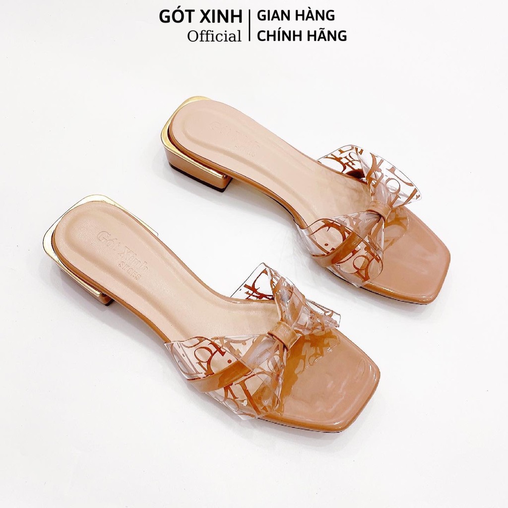 Dép cao gót nữ GÓT XINH D10 quai nơ mika trong cao 2cm