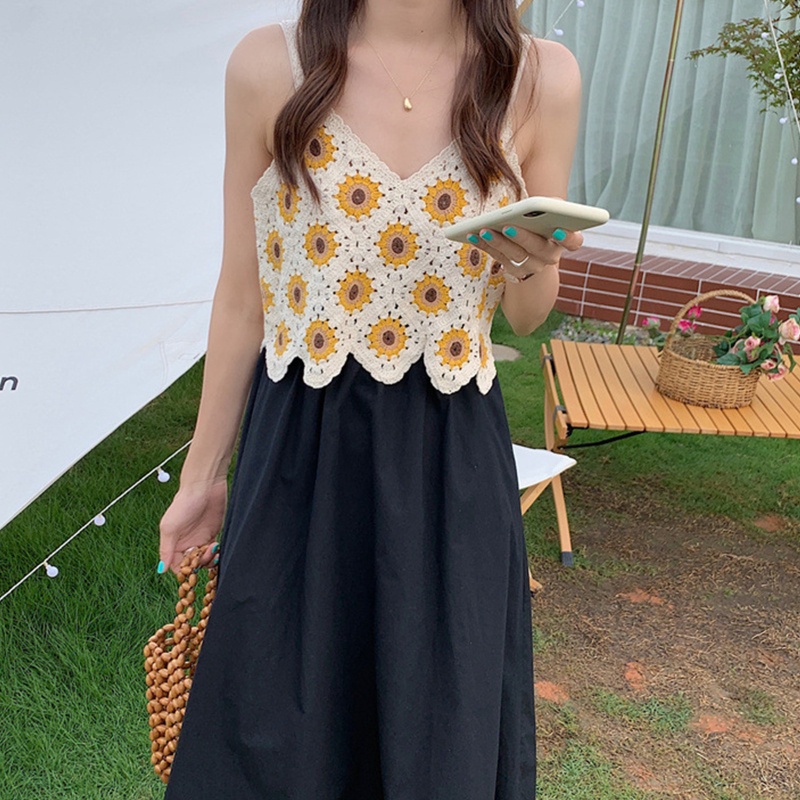 Áo Croptop Dệt Kim Không Tay Cổ Chữ V Dáng Rộng Thêu Hình Hoa Hướng Dương Phong Cách Vintage Cho Nữ