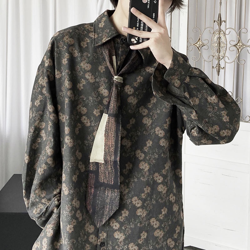Áo sơ mi tay dài in hoa kiểu Vintage cá tính cho nam unisex áo kiểu tay dài