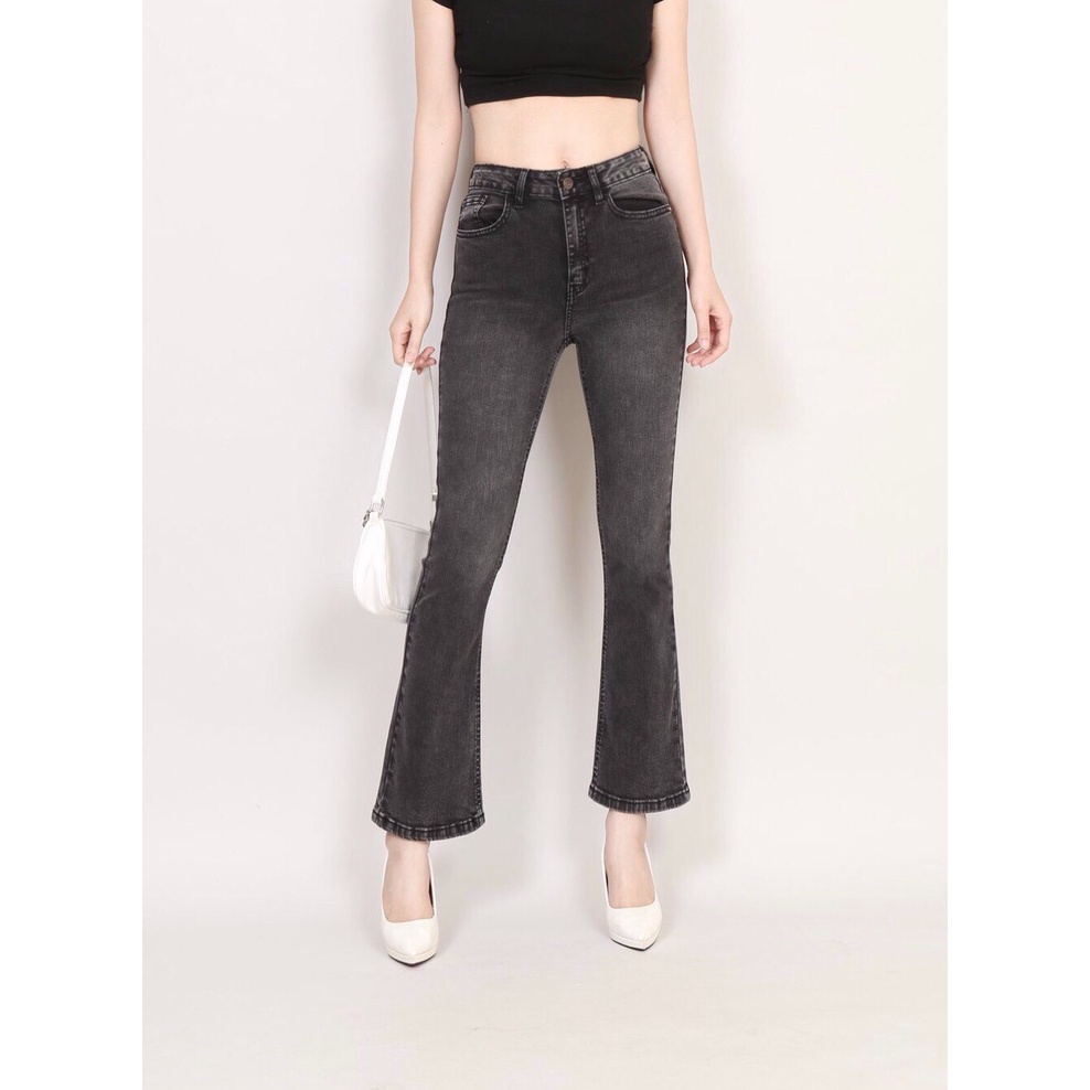Quần Jean Nữ Ống Loe Xám Khói Cạp Cao Vải Xuất Xịn Co Giãn Gấu Thường CT Jeans