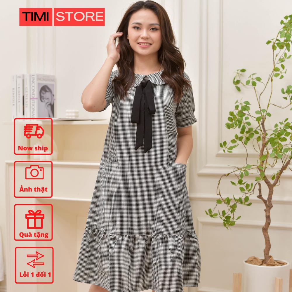 Đầm Bầu Thiết Kế-Váy Suông TiMi kẻ caro đen dáng đuôi cá cổ sen phối nơ đen chất vải thô cotton mềm size 40-100kg TM026