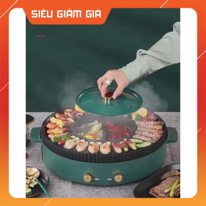 Nồi lẩu nướng điện đa năng 2 trong 1 tròn loại to tặng kèm bộ chuyển đổi 3 chấu thành 2 chấu
