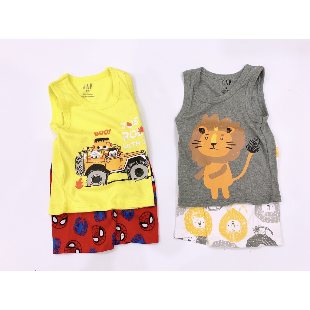 Quần áo trẻ em, bộ ba lỗ GAP cho bé trai họa tiết siêu nhân, người nhện, chó cứu hộ Xu Xu Kids size từ 8-22kg