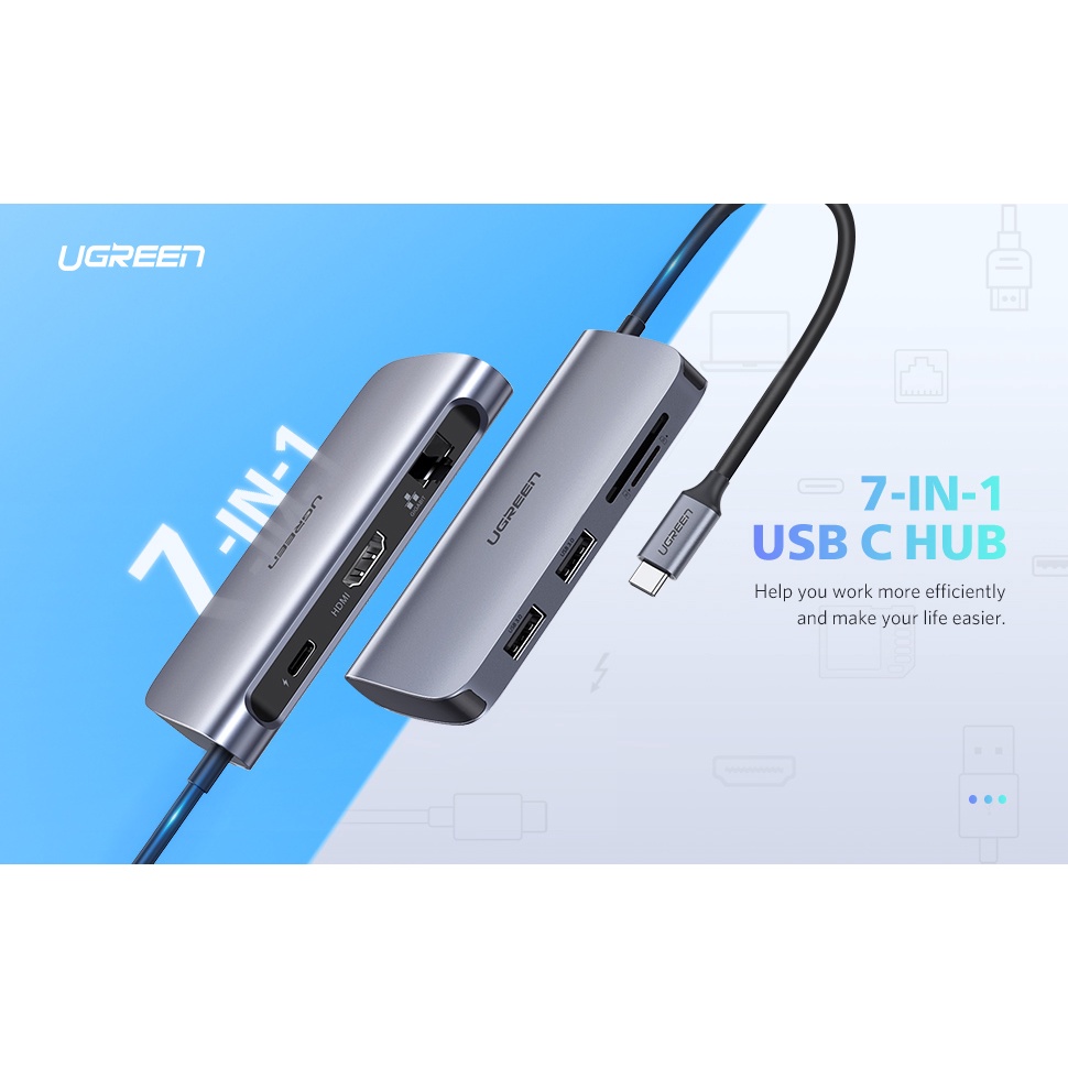 Bộ chuyển USB C 7 trong 1 Ugreen 50852, HDMI 4K + USB 3.0 + LAN 1Gbps + TF/SD + PD 100W cao cấp chính hãng