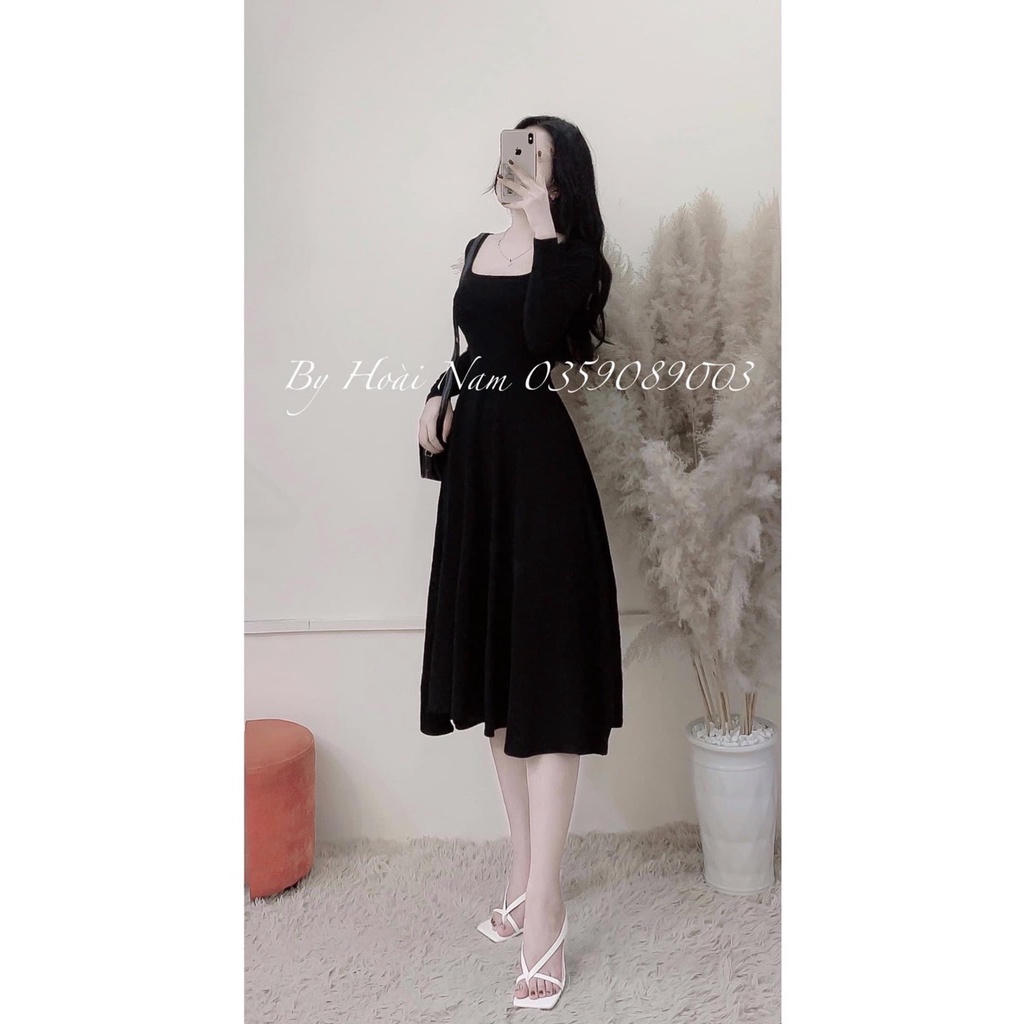 Đầm váy xòe tay dài ôm eo cổ vuông chất liệu thun găm thời trang nữ năng động phù hợp mọi phong cách