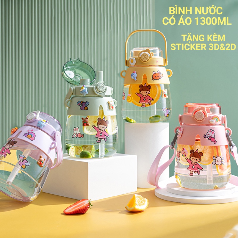 Bình nước cute có ống hút nhựa dễ thương cho bé đi học 1200ml FITEZY HCM