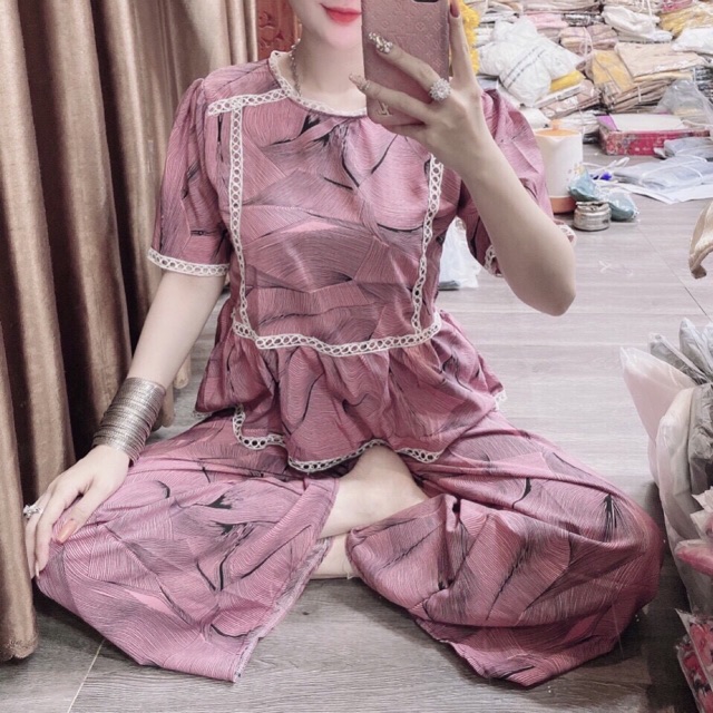 [ Mã FAMAYWA2 giảm 10K đơn 50K] Sét đồ bộ ống rộng viền ren cổ tròn ngắn tay