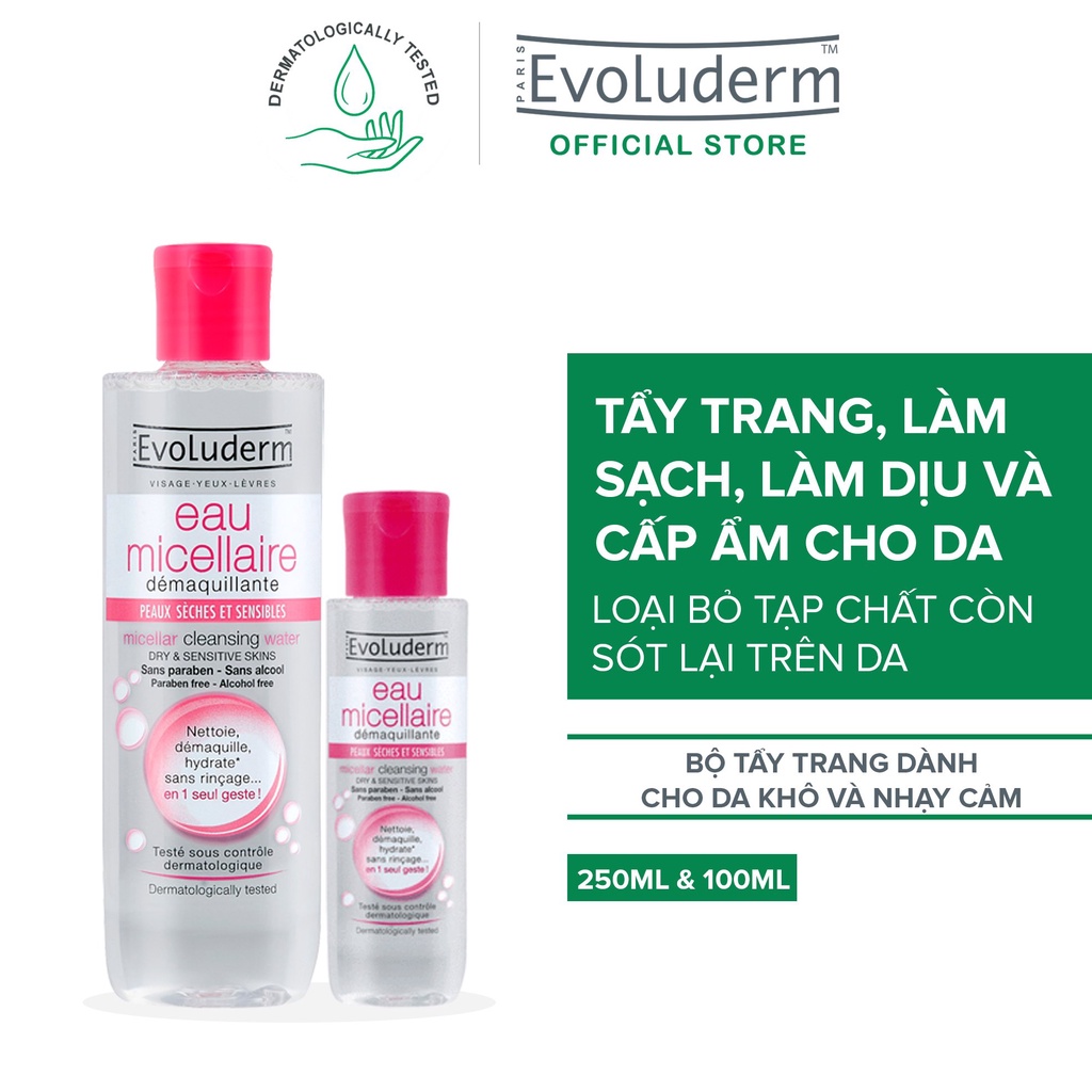 Bộ 2 Nước tẩy trang Evoluderm dành cho da khô và da nhạy cảm 250ml và 100ml