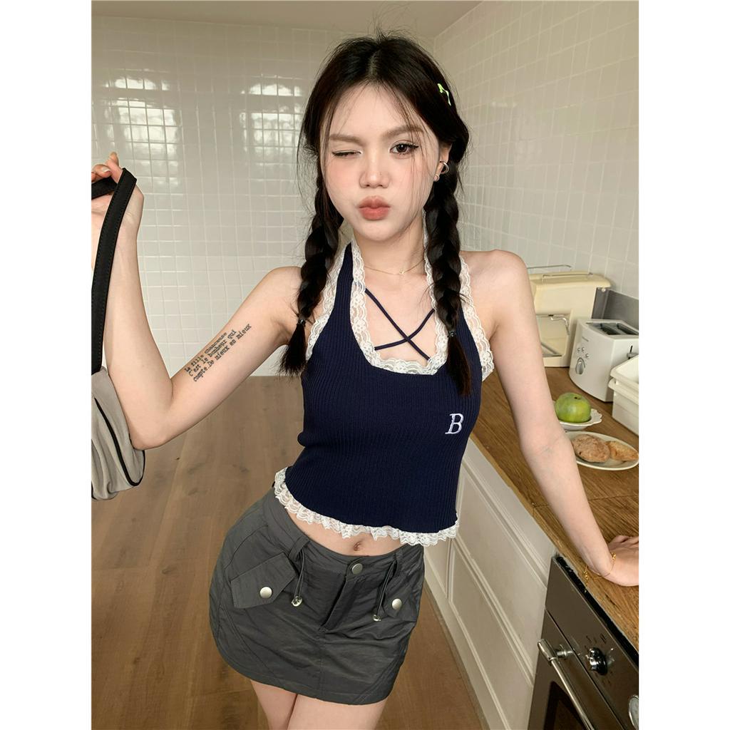 Áo Croptop Dệt Kim Hai Dây Viền Ren Thêu Chữ 6 Màu Ngọt Ngào Cho Bạn Gái