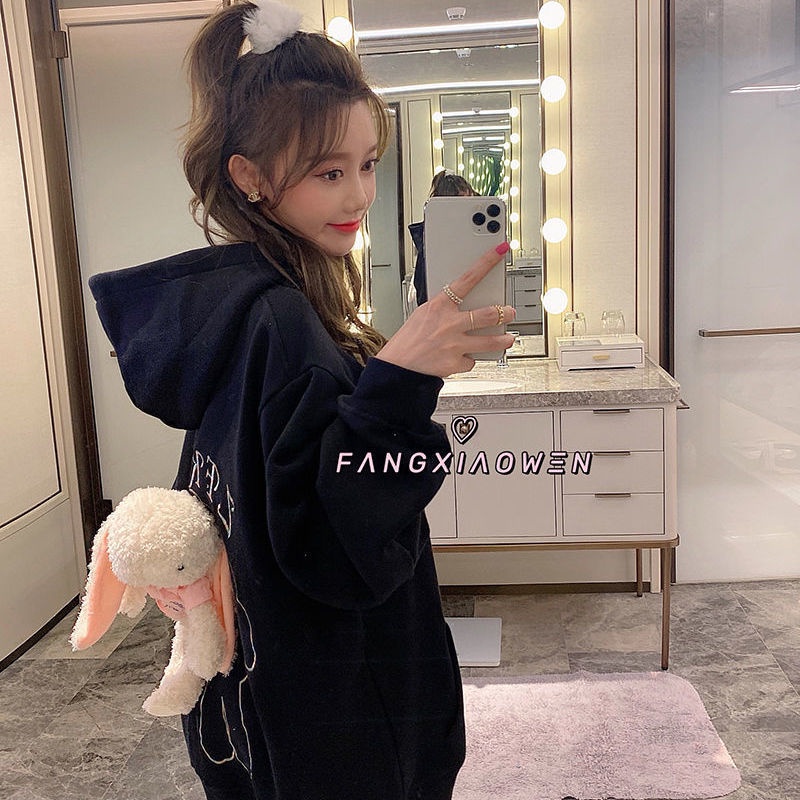 Đầm hoodie dáng rộng phối lông thỏ ba chiều thời trang xuân thu Hàn Quốc 2021 cho nữ