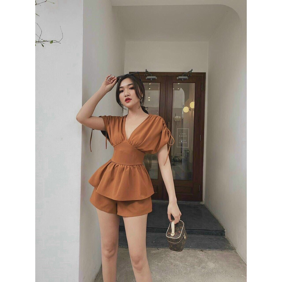 Set bộ vải for cổ chữ tay áo dây rút, set bộ hai món áo kiểu kèm quần ngắn