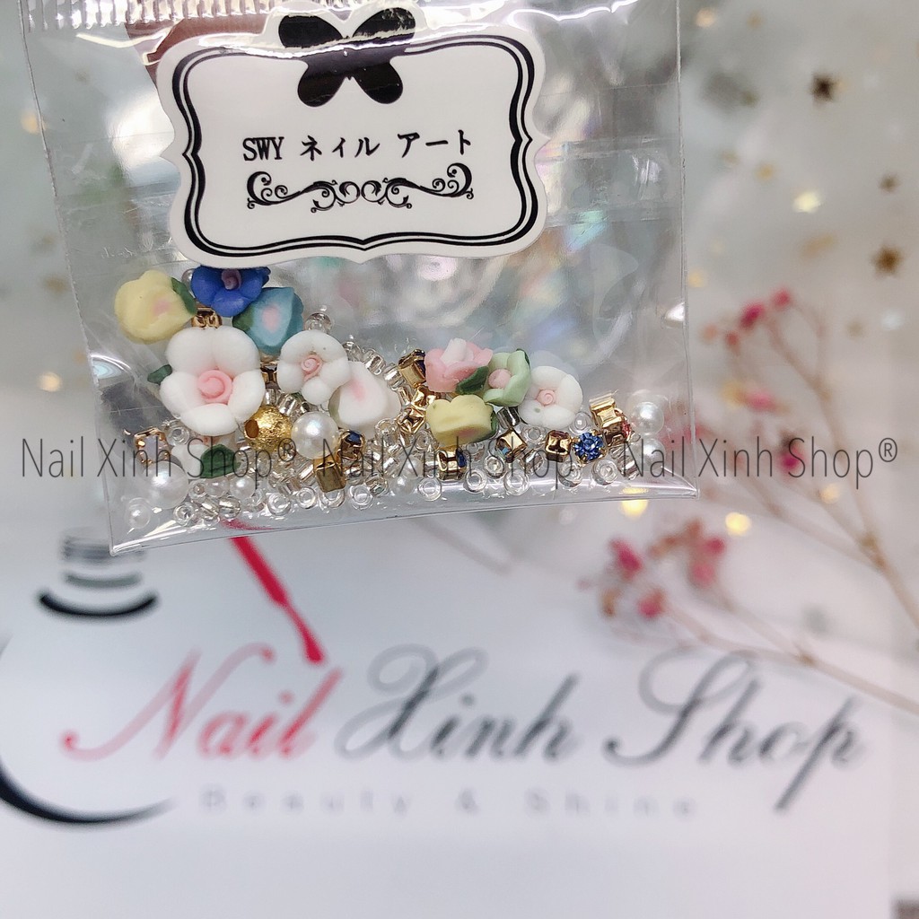Túi mix đá nail,hoa,châu hạt,charm... phong cách Nhật, phụ kiên nail cao cấp, phụ kiện nail hot