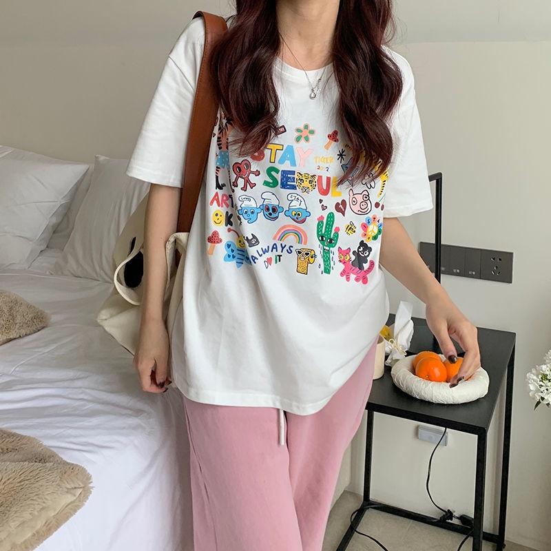 Áo Thun Ngắn Tay In Họa Tiết Hoạt Hình Xinh Xắn Dành Cho Nữ