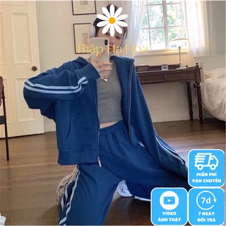 Bộ nỉ nữ viền đôi, đồ bộ bỉ áo có mũ và khoá kéo kèm quần ống rộng AS40