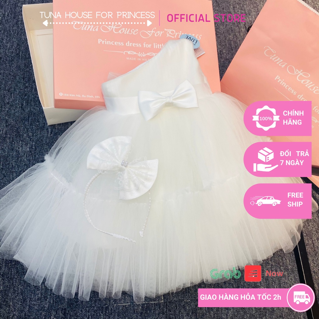Váy đầm xoè công chúa thiết kế cho bé gái lệch vai trắng cá tính - Tuna House For Princess