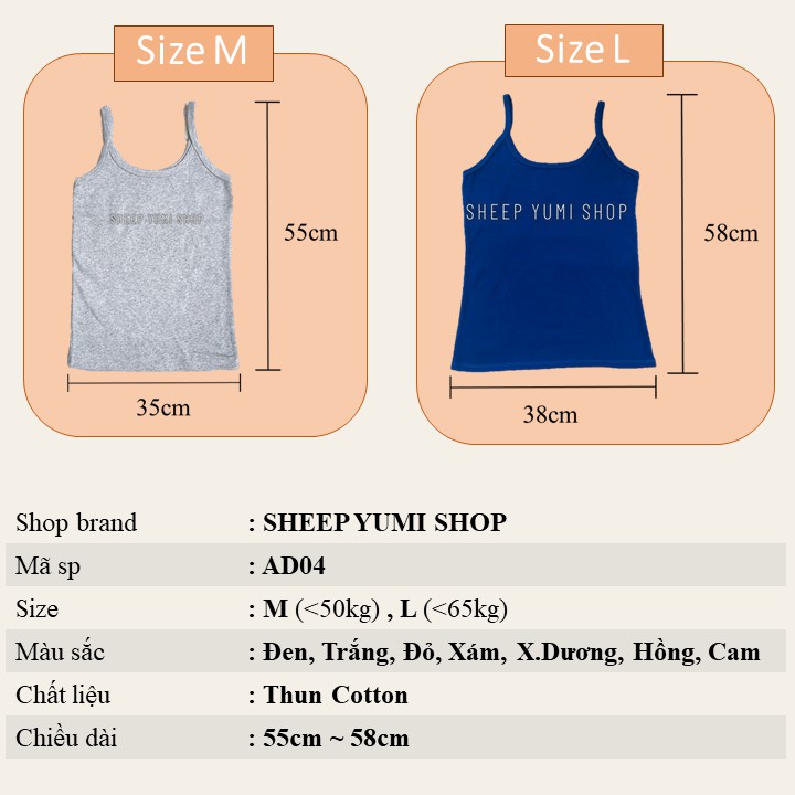 Áo hai dây nữ bản to BIGSIZE trơn thun co giãn SHEEP YUMI SHOP AD04