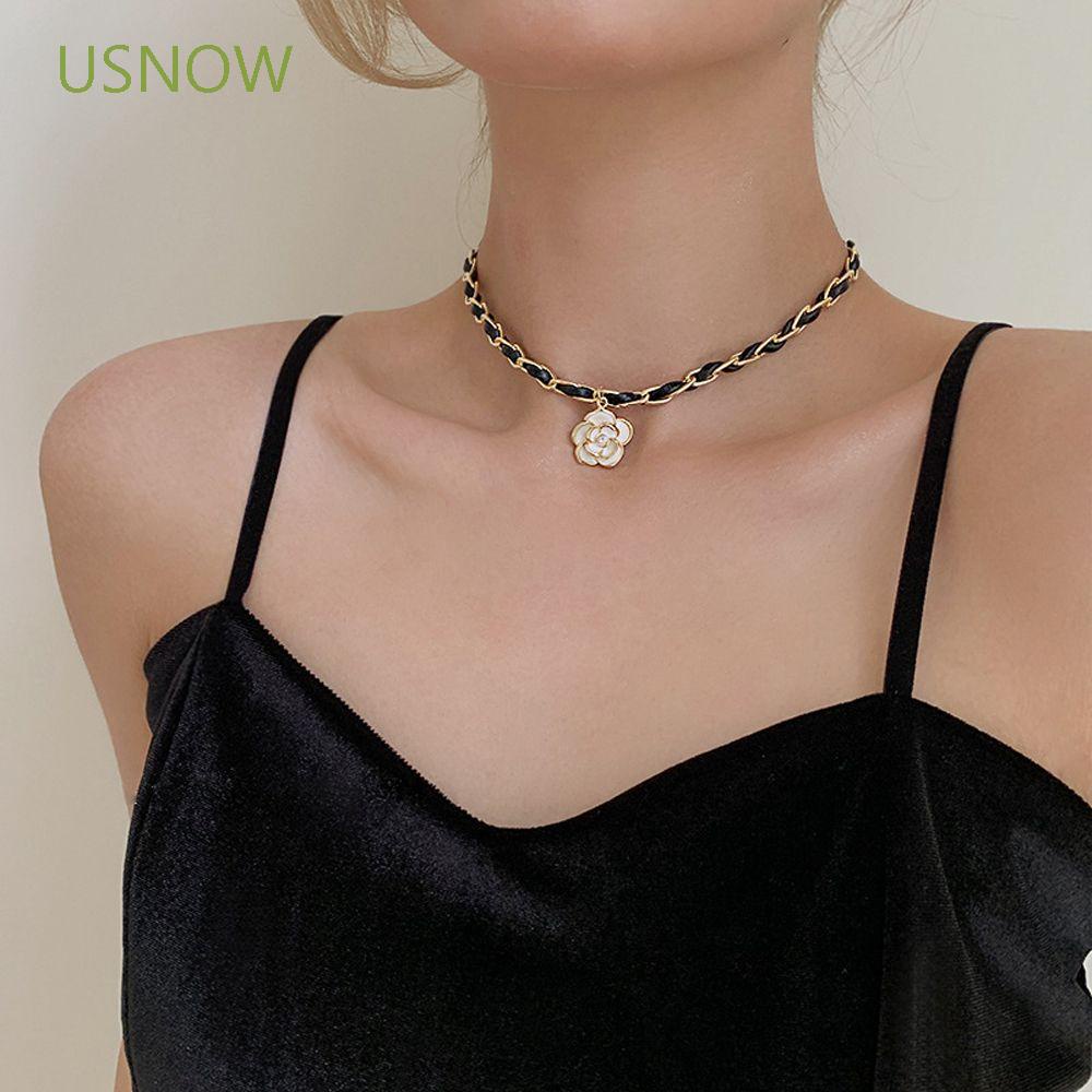 Vòng Cổ Choker Da Pu Mặt Hoa Trà Thời Trang Vintage Cho Nữ