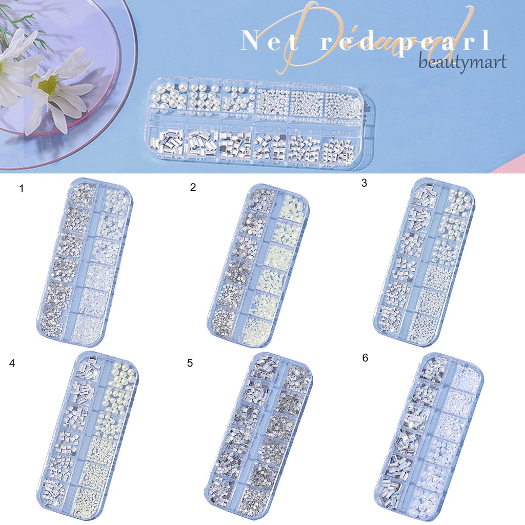 [Hàng mới về] Hộp 12 ngăn ngọc trai và đá đính nhân tạo 3D lấp lánh trang trí móng tay