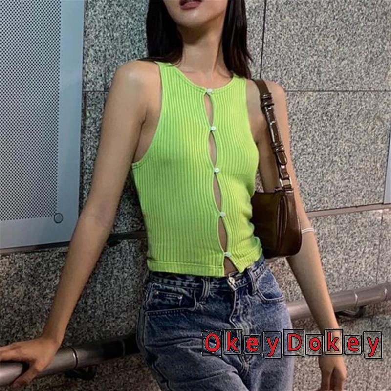 Áo Croptop Dệt Kim Không Tay Khoét Lỗ Ôm Dáng Thời Trang Mùa Hè Cho Nữ