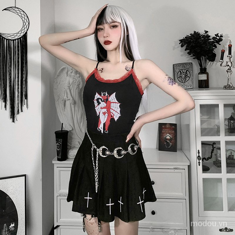 punk phụ nữ in đồ họa hở lưng mỏng camis 7r9E