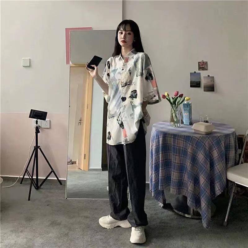 SUXI Áo Sơ Mi Tay Ngắn Dáng Rộng In Họa Tiết Đơn Giản Thời Trang Mùa Hè Cho Nữ