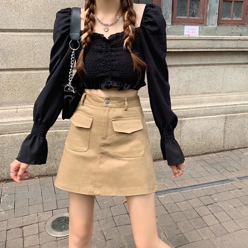 QADCOL Set Áo Thun Ngắn Tay Cổ Tròn + Chân Váy Jeans Chữ A Thời Trang Nữ Mới